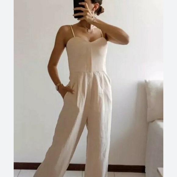 Zara Sand Rustic Linen Blend Jumpsuit Blogger Favorite - Picture 6 of 9